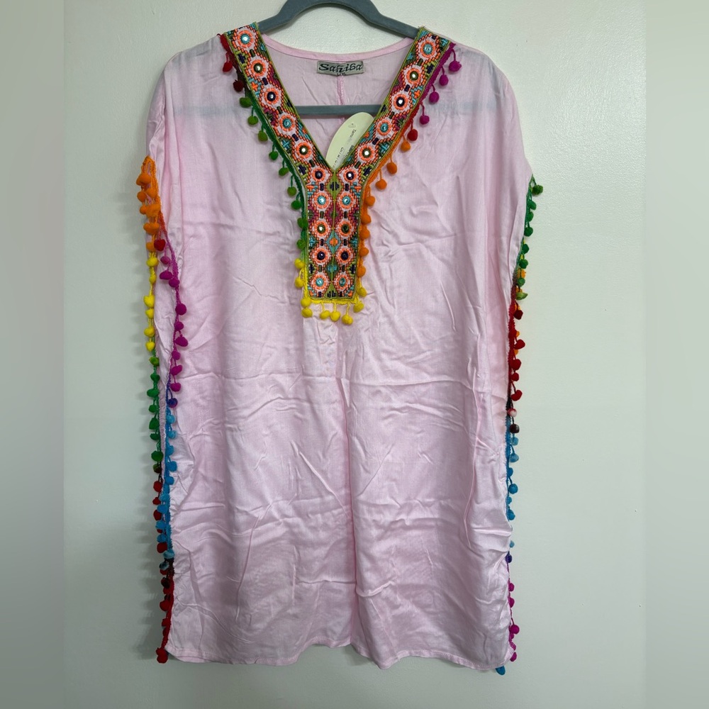 Sahiba Women’s Pink Mexican Poncho with Multicolor Pom Poms L/XL